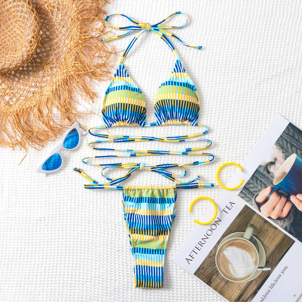 Women's Bandeau Bikini with Fashionable Stripes and Adjustable Strap System