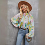 Women's Blouse with Colorful Floral Print and Pussy Bow Collar