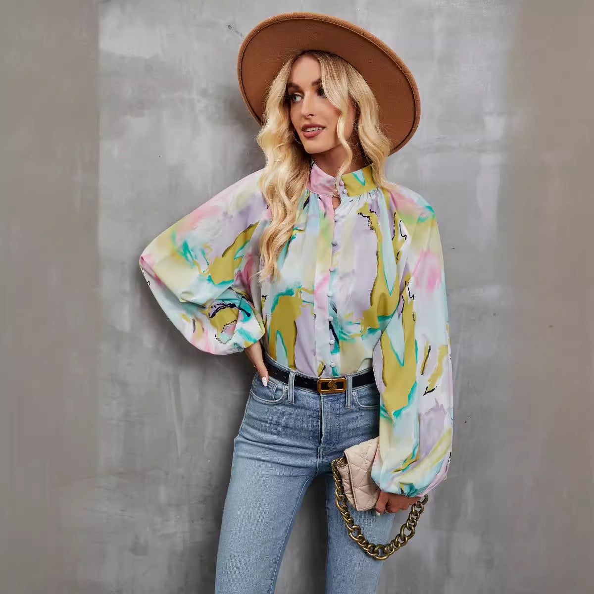 Women's Blouse with Colorful Floral Print and Pussy Bow Collar