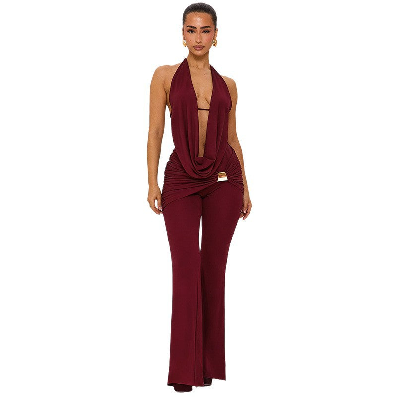 Elegant Women's Jumpsuit with Double Collar and Trendy Ruching