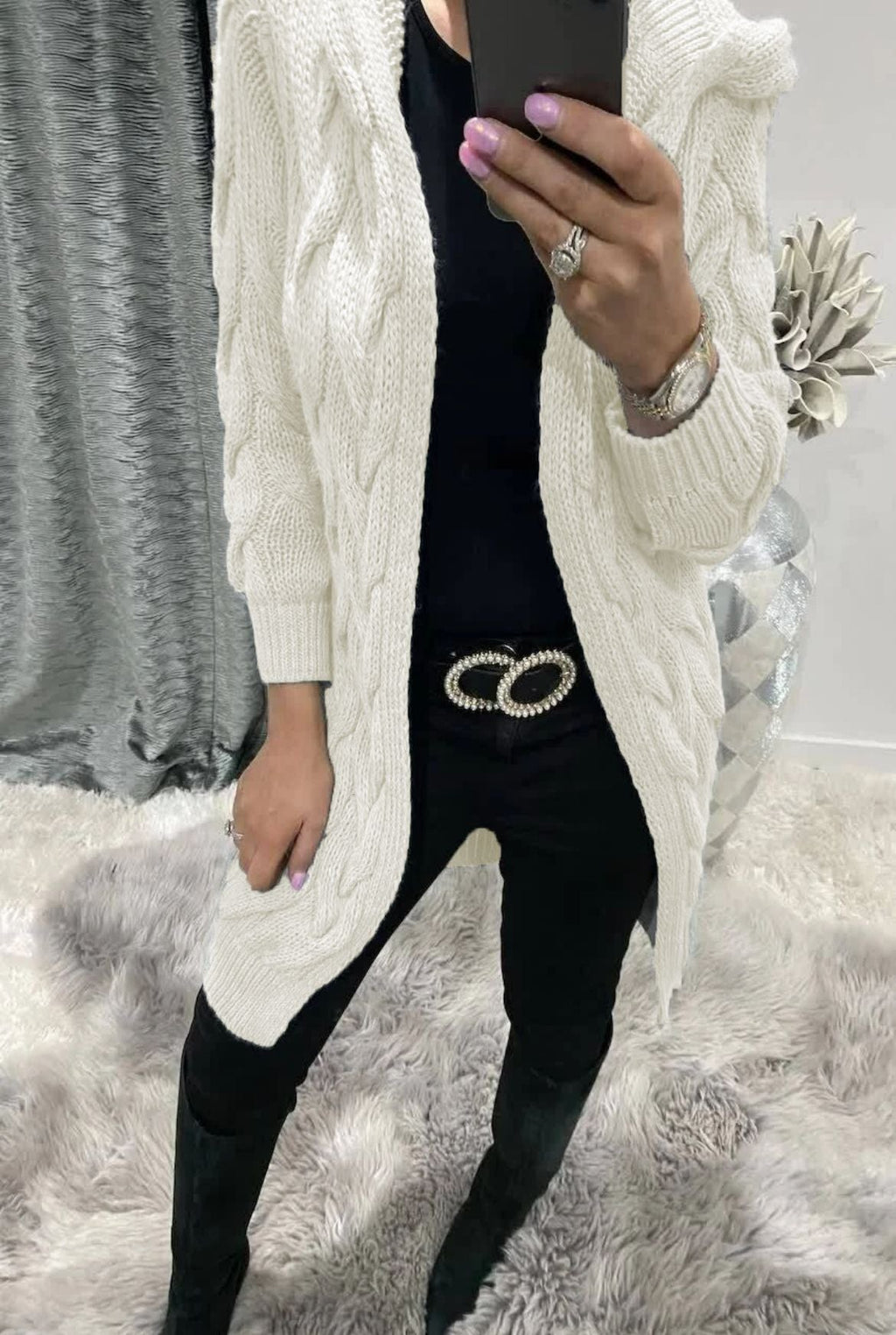 Women's Chunky Knit Cardigan with Hood and Cable Knit Pattern
