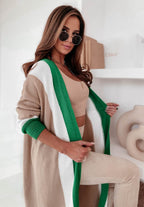 Women's Fashionable Long Knit Coat with Unique Color Block Design and Wide Collar