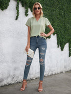Women's Elegant V-Neck Blouse Shirt in Flowing Material