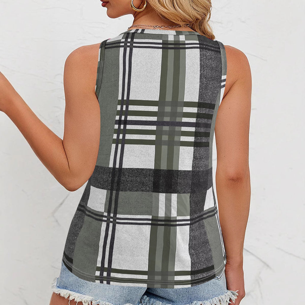 Women's Sleeveless V-Neck Top with Button Detail and Plaid Pattern