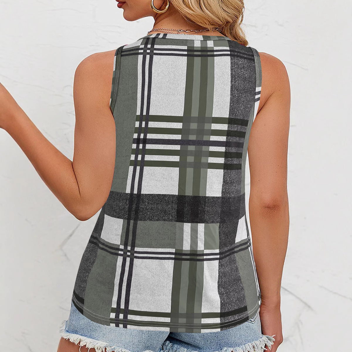 Women's Sleeveless V-Neck Top with Button Detail and Plaid Pattern