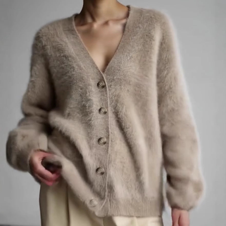 Women's Fluffy Cardigan with Large Buttons