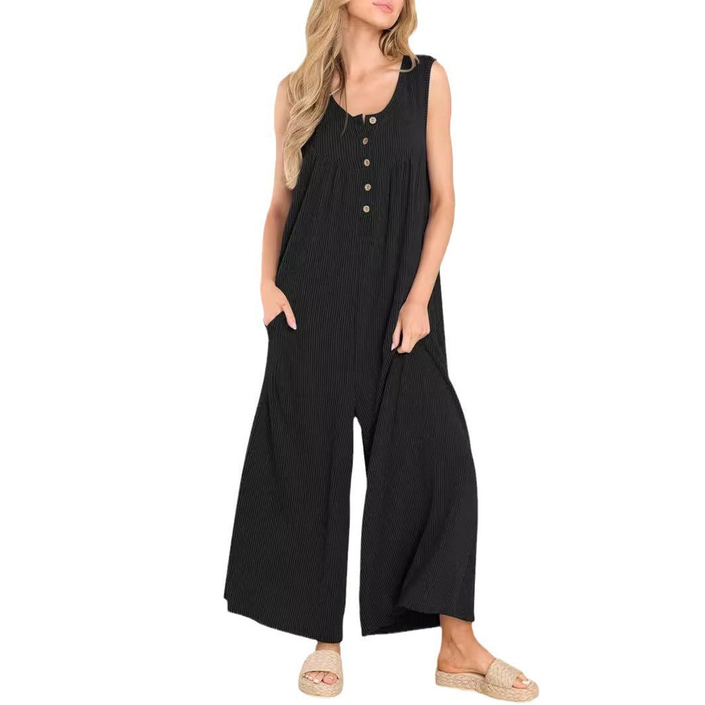 Women's Casual Overall with Deep Neckline and Pockets