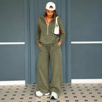Women's Casual Zip Sweat Set with Polo Collar and Wide Jogger Cut