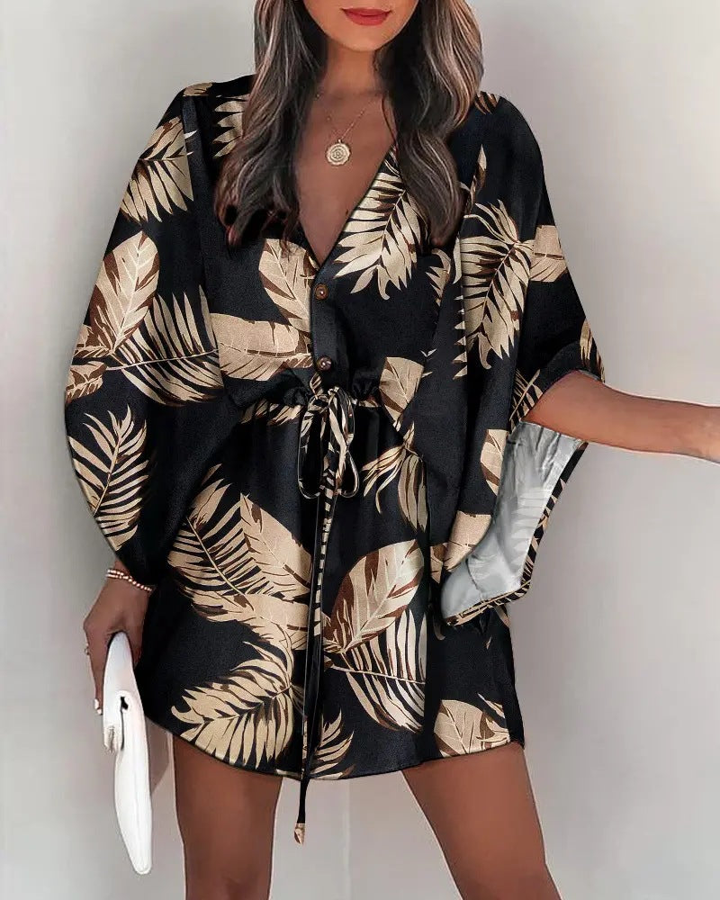 Women's Beach Dress with Elegant Waist Tie and Unique Pattern