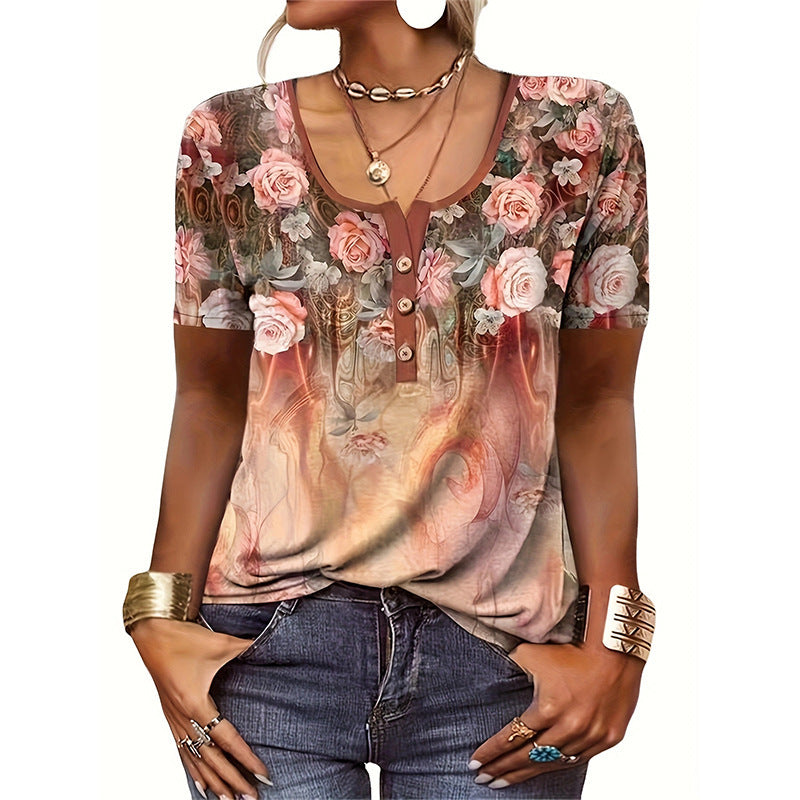 Women's Floral Blouse Top with Button Details