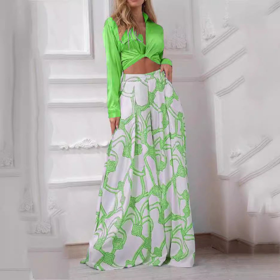 Women's Elegant Long-Sleeve Wrap Top and Maxi Skirt