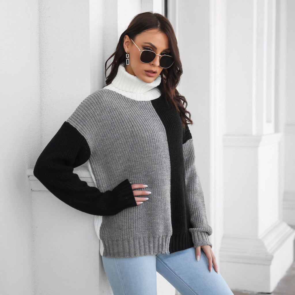 Women's Chunky Knit High-Neck Colorblock Sweater
