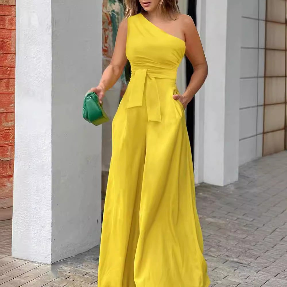 Elegant One-Shoulder Jumpsuit with Wide Leg and Waist Belt