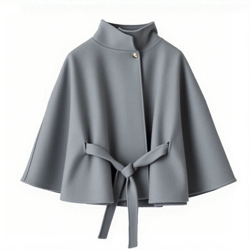 Elegant Cape Jacket with Tie Belt and High Collar