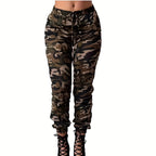 Women's Cargo Pants with Elastic Waist and Camouflage Pattern