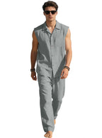 Men's sleeveless linen leisure set with lapel collar, chest pocket, and straight pants