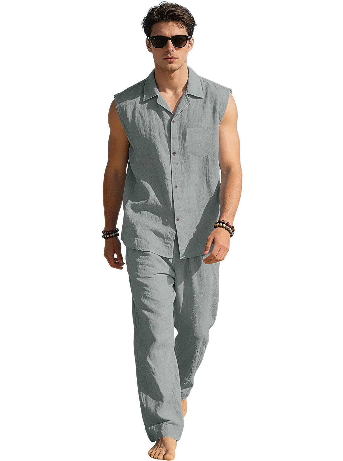 Men's sleeveless linen leisure set with lapel collar, chest pocket, and straight pants