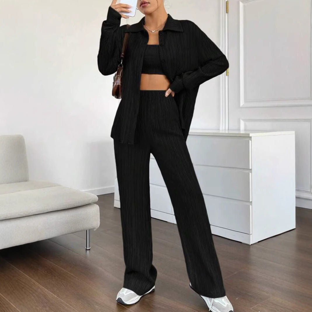 Women's Elegant Striped Blouse and Loose Pants Set