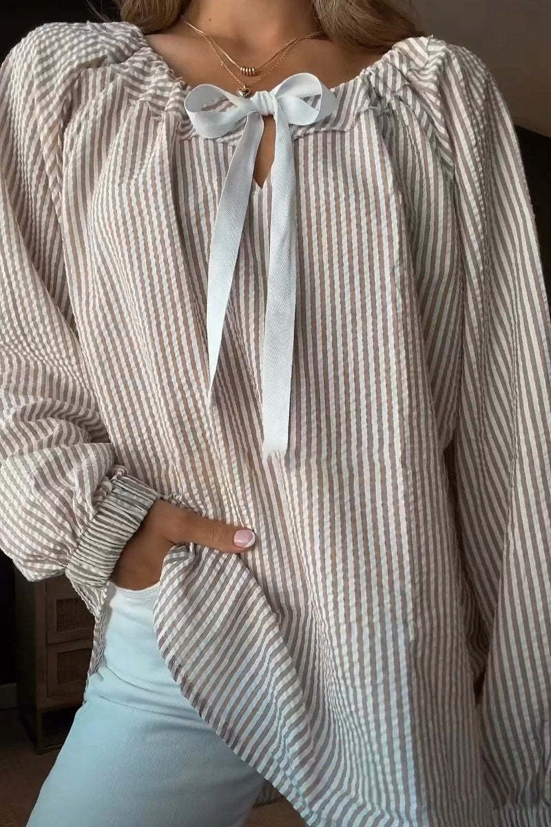 Blouse with Elastic Puff Sleeves and Decorative Tie