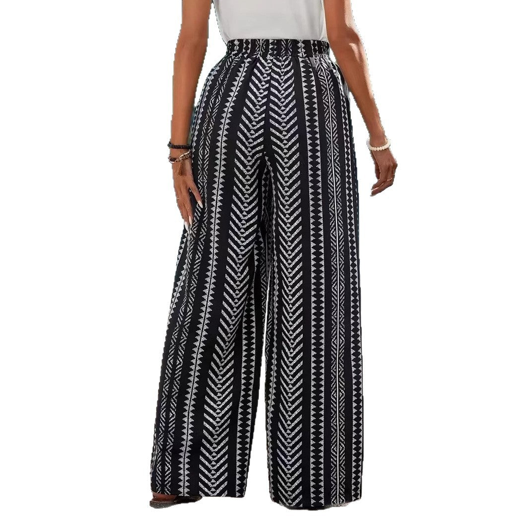 Women's Wide-Leg Palazzo Pants with Elastic Waist and Pattern