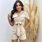 Women's Cropped Blouse and Shorts Set with Knot Detail