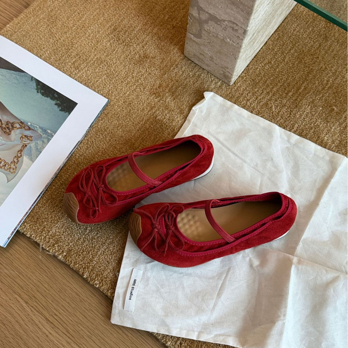 Women's Suede Ballet Flats with Strap and Decorative Bow