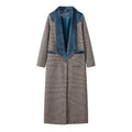 Women's Elegant Longer Blazer with Fine Plaid Pattern and Fluffy Collar