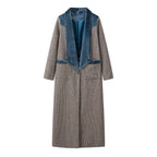 Women's Elegant Longer Blazer with Fine Plaid Pattern and Fluffy Collar