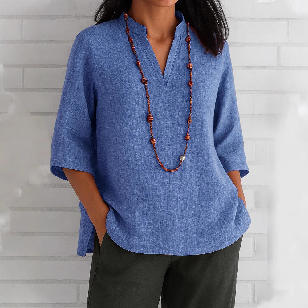 Casual V-Neck Blouse with Side Pockets