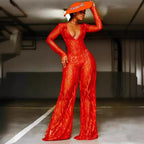 Elegant Transparent Lace Jumpsuit with V-Neck and Wide Legs