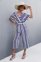 Elegant V-Neck Jumpsuit with Wide Sleeves and Striped Design