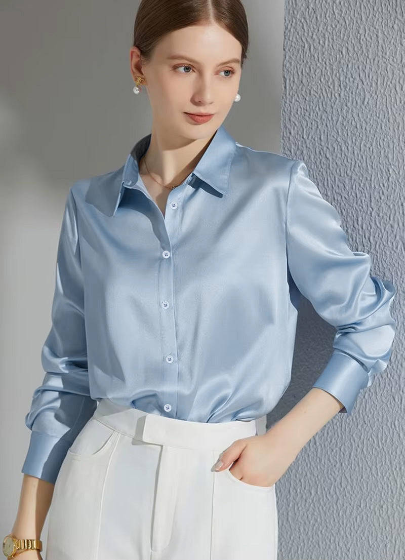 Women's Luxury Satin Blouse with Elegant Collar and Soft Sleeves