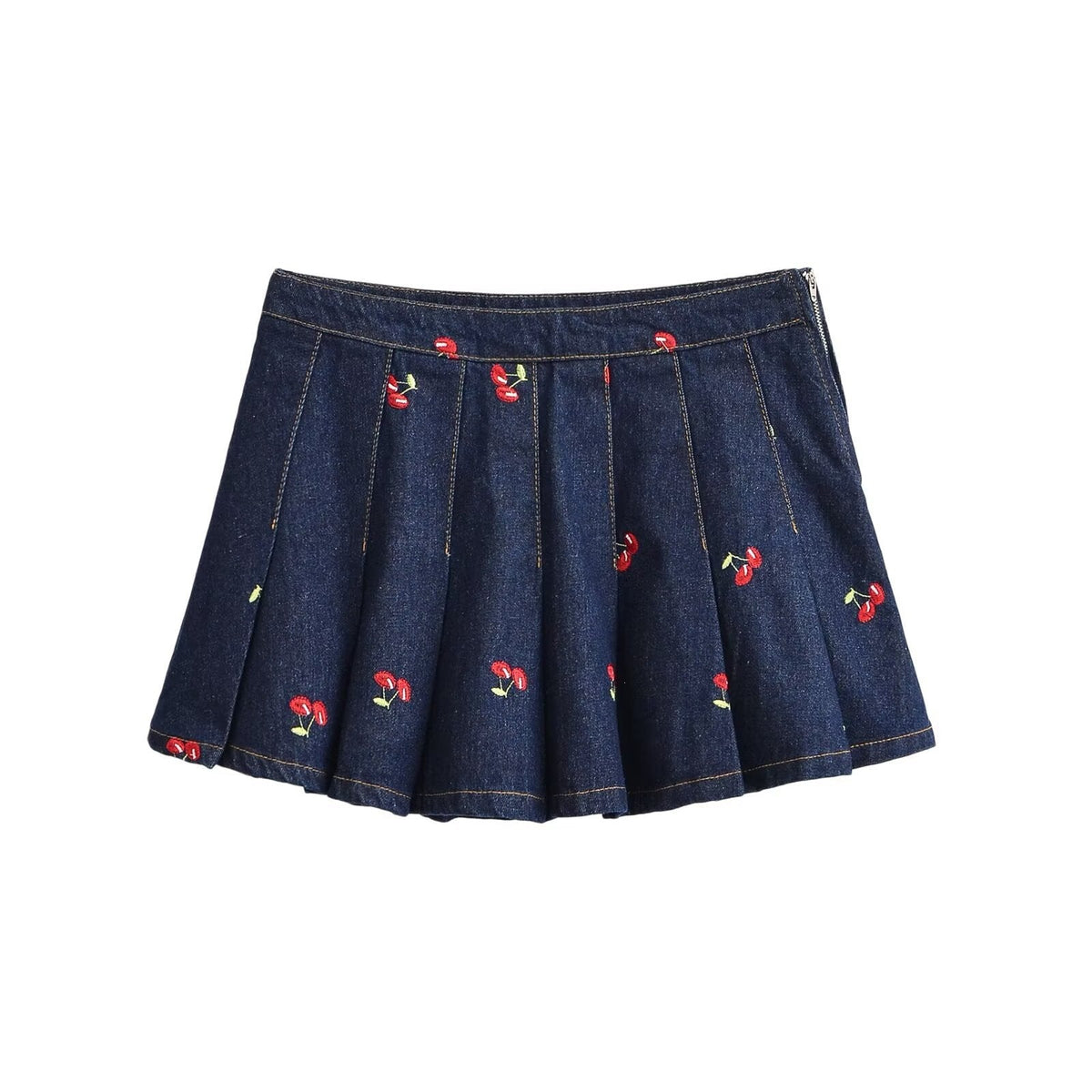 Women's Denim Skirt with Elaborate Embroidery and Pleated Design
