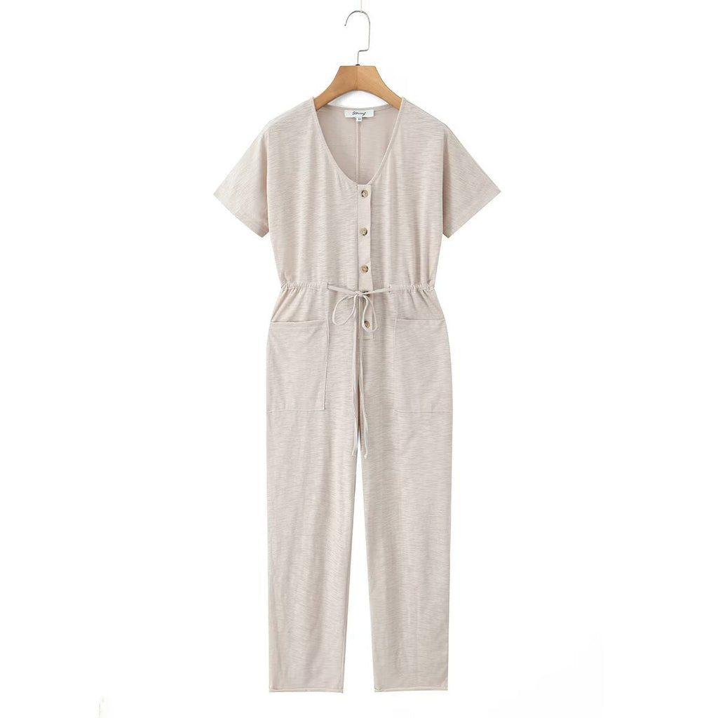 Women's Jumpsuit with Waist Drawstring and Practical Pockets
