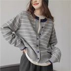Women's Cozy Knit Cardigan with Youthful Striped Pattern and Practical Button Closure
