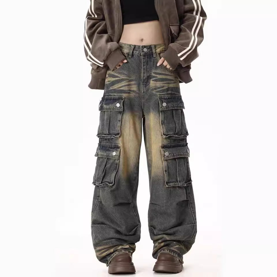 Women's Wide-Leg Cargo Jeans with Side Pockets