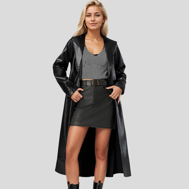 Elegant Women's Faux Leather Trench Coat