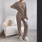 Women's Casual Ribbed Loungewear Set with V-Neck