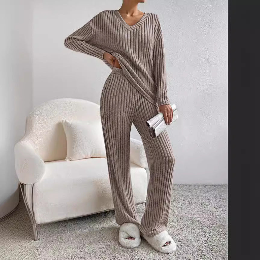Women's Casual Ribbed Loungewear Set with V-Neck