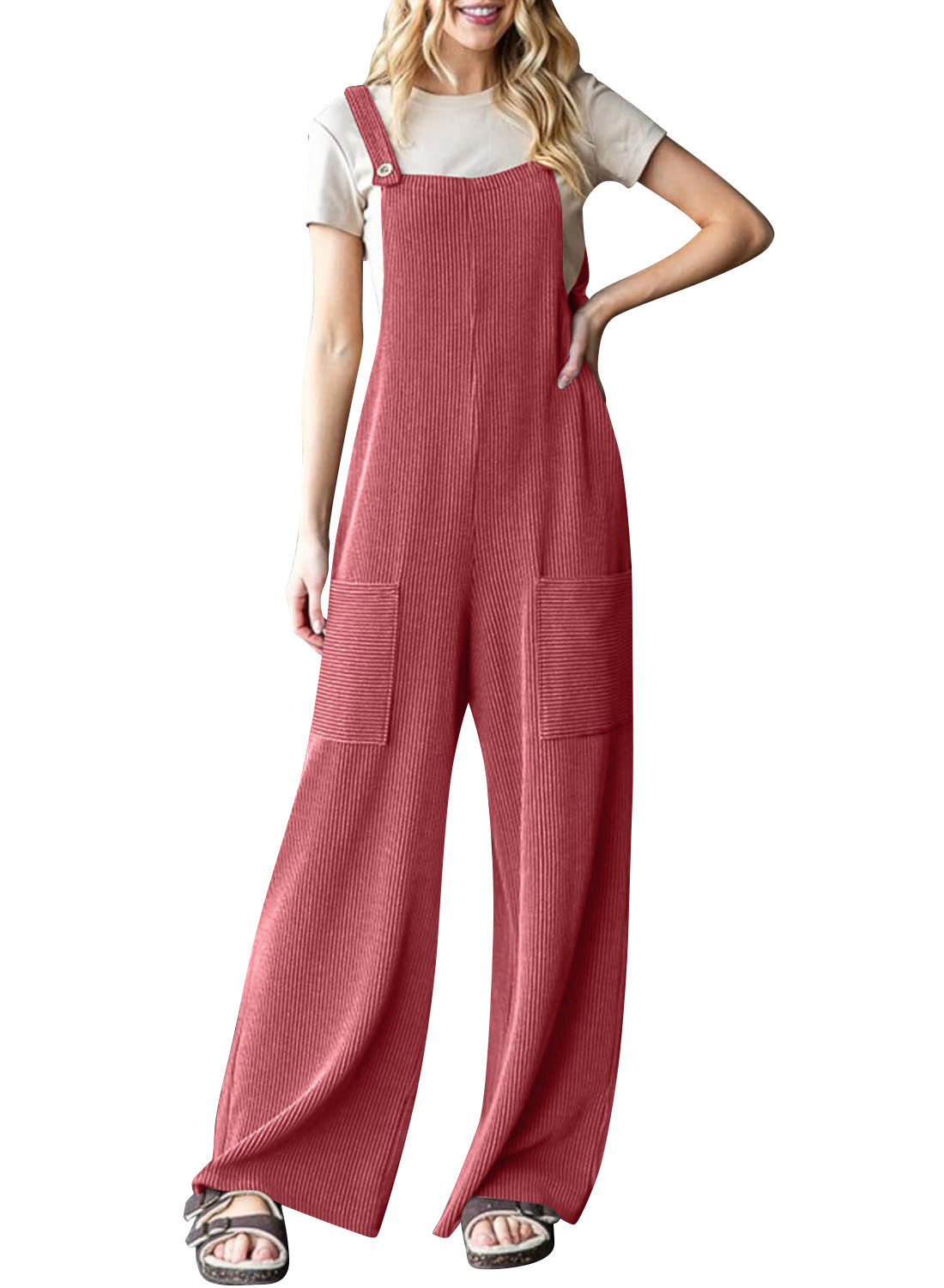 Women's Casual Corduroy Overalls with Pockets and Wide Legs