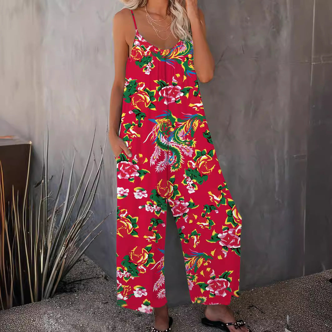 Women's Airy Jumpsuit with Floral Design and Adjustable Straps