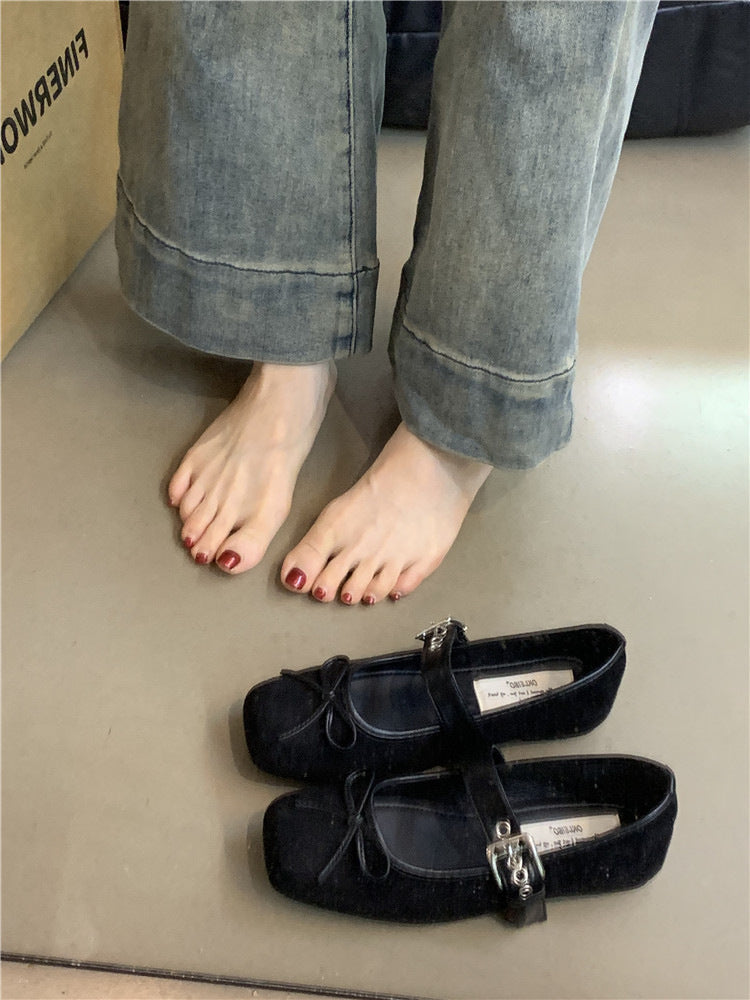 Women's Soft Suede Ballet Flats with Adjustable Strap and Decorative Bow