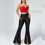 Women's Faux Leather Trousers with Side Slits