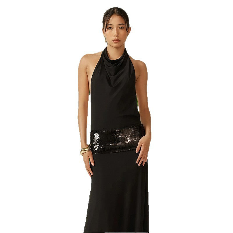 Women's Evening Dress with Cowl Neck and Glitter Waist