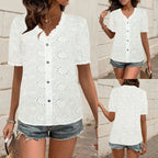 Women's Airy Blouse with Eyelet Patterns and Button Details