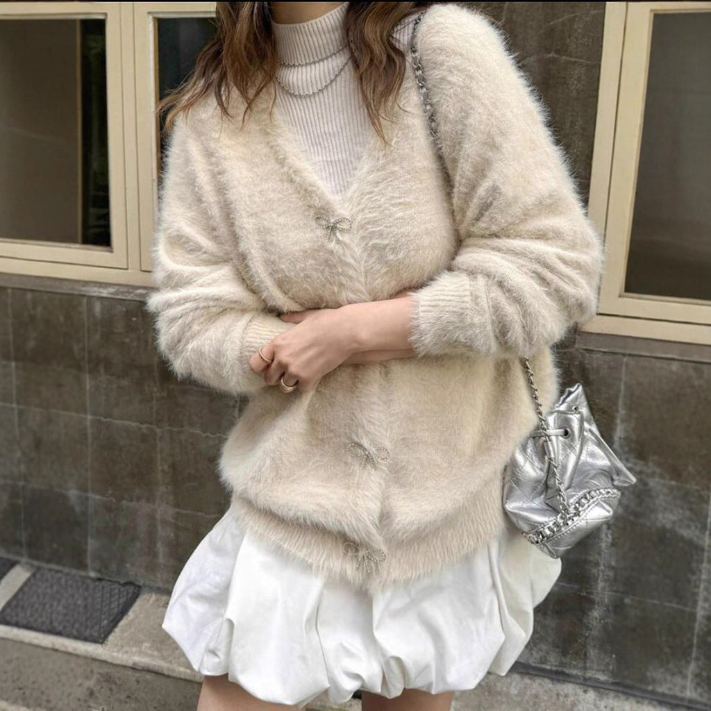 Women's Fluffy Knit Cardigan with Elegant Button Details