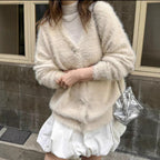 Women's Fluffy Knit Cardigan with Elegant Button Details