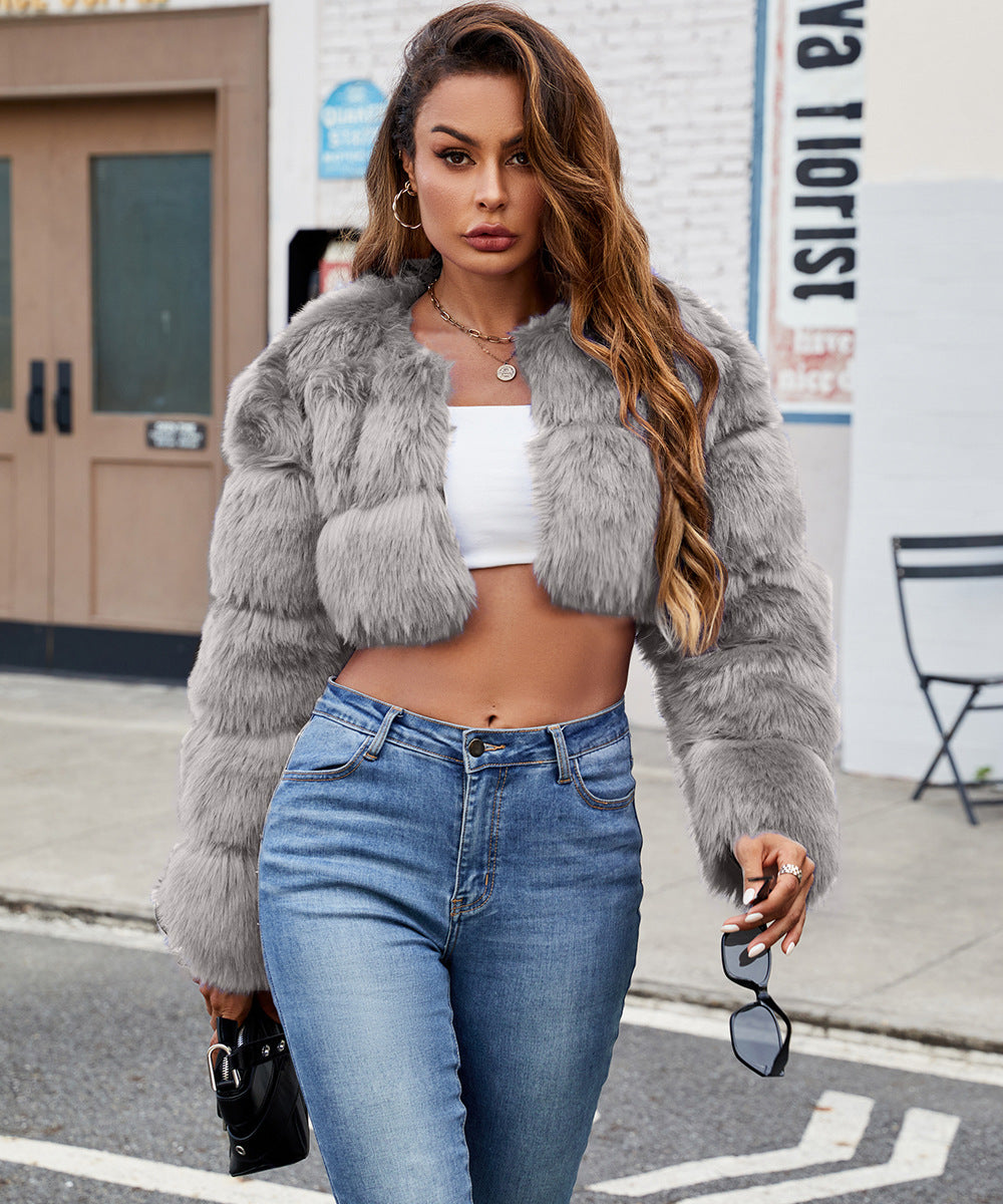 Women's Fluffy Faux Fur Short Coat with Puff Sleeves