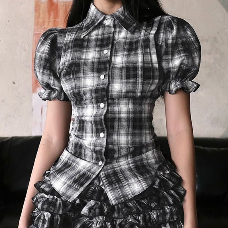 Women's Plaid Shirt with Puff Sleeves and Button Detail