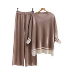 Women's Casual Knit Loungewear Set with Contrast Hem and Wide Cut